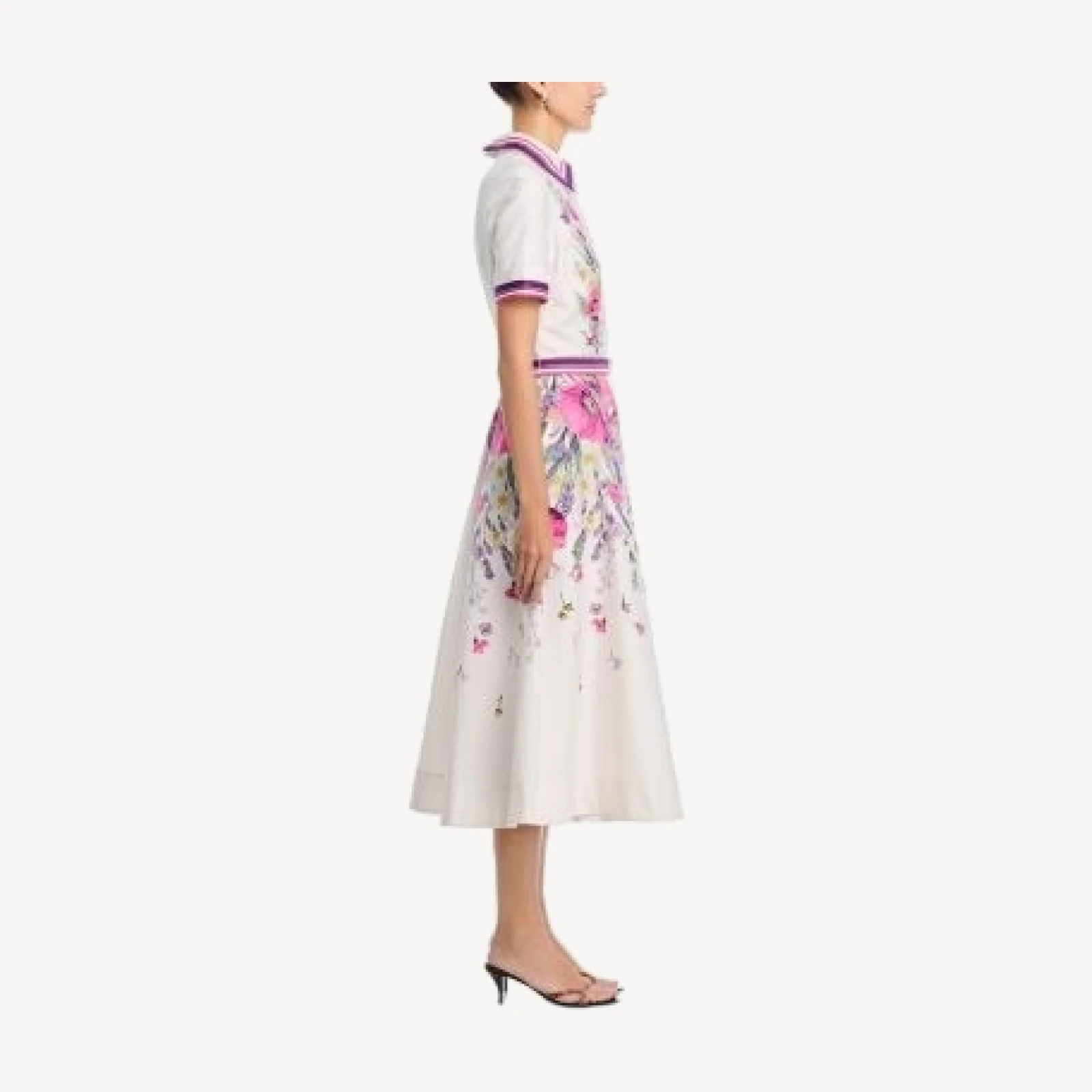 Teri Jon by Rickie Freeman Cotton Shirtwaist Floral Print Stripe Trim Dress