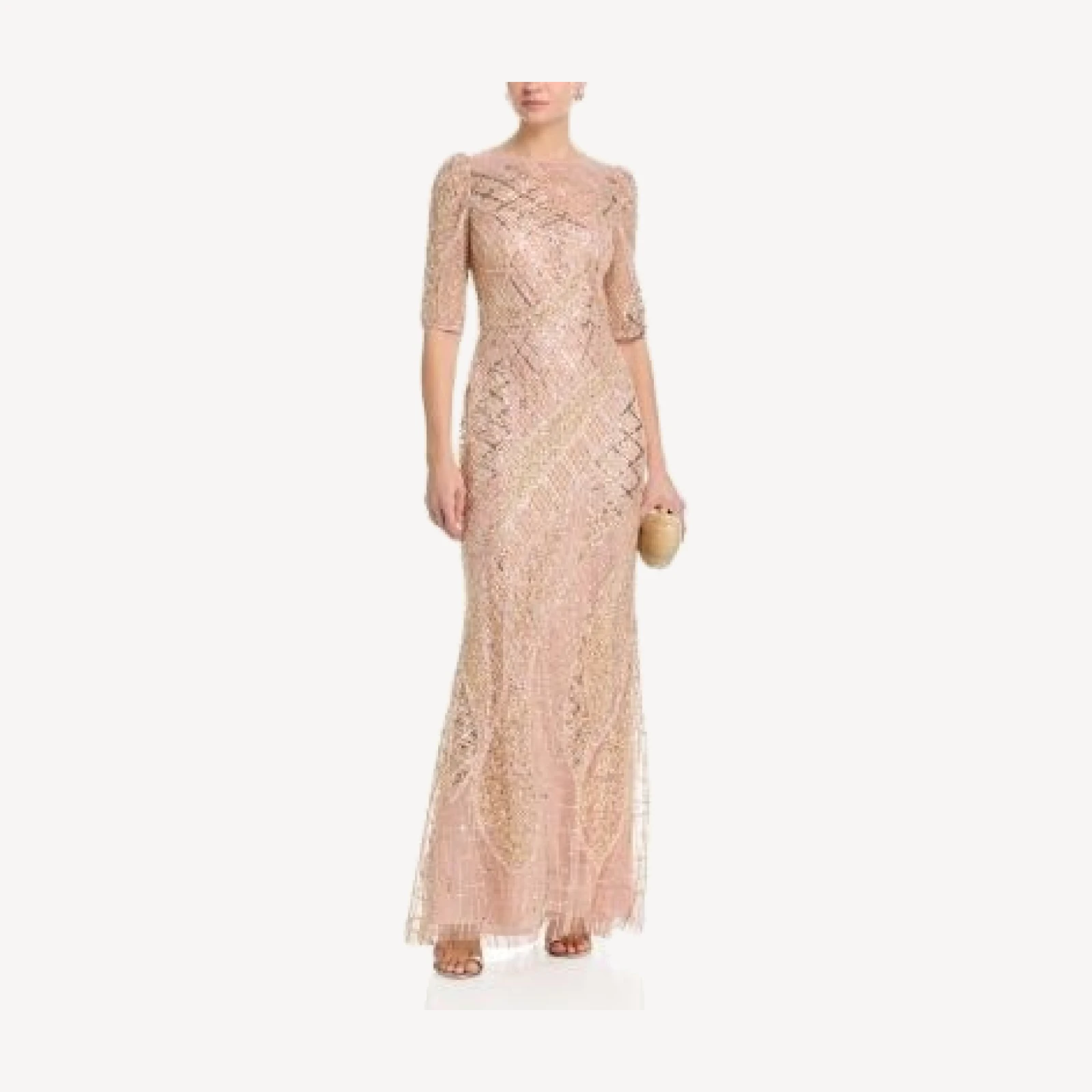 Teri Jon by Rickie Freeman Art Deco Beaded Tulle Elbow Sleeve Gown