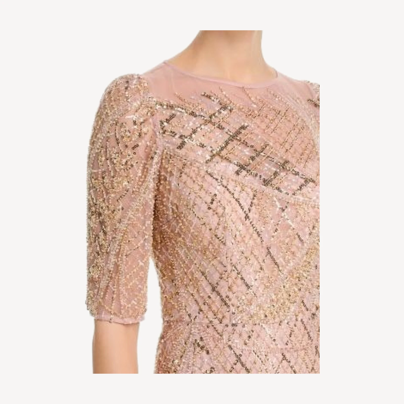 Teri Jon by Rickie Freeman Art Deco Beaded Tulle Elbow Sleeve Gown