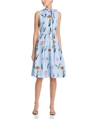 Teri Jon by Rickie Freeman Cotton Print Tie Neck Dress