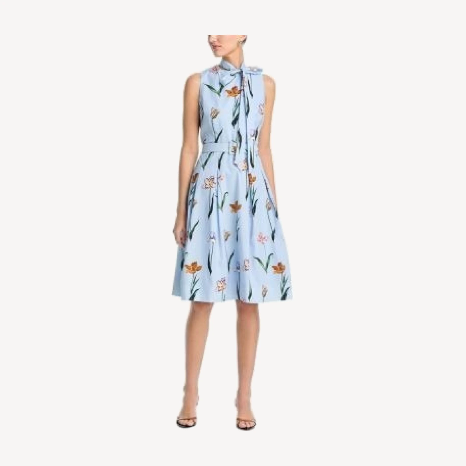 Teri Jon by Rickie Freeman Cotton Print Tie Neck Dress