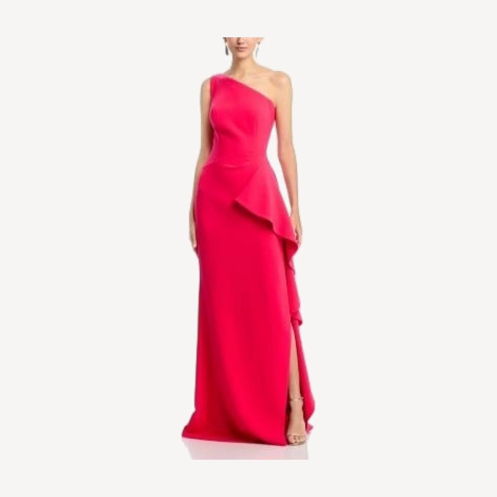 Teri Jon by Rickie Freeman Crepe One Shoulder Side Drape Cascade Ruffle Gown