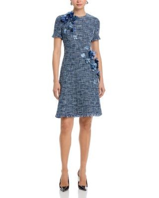 Teri Jon by Rickie Freeman Tweed Short Sleeve 3D Flower Trim Dress