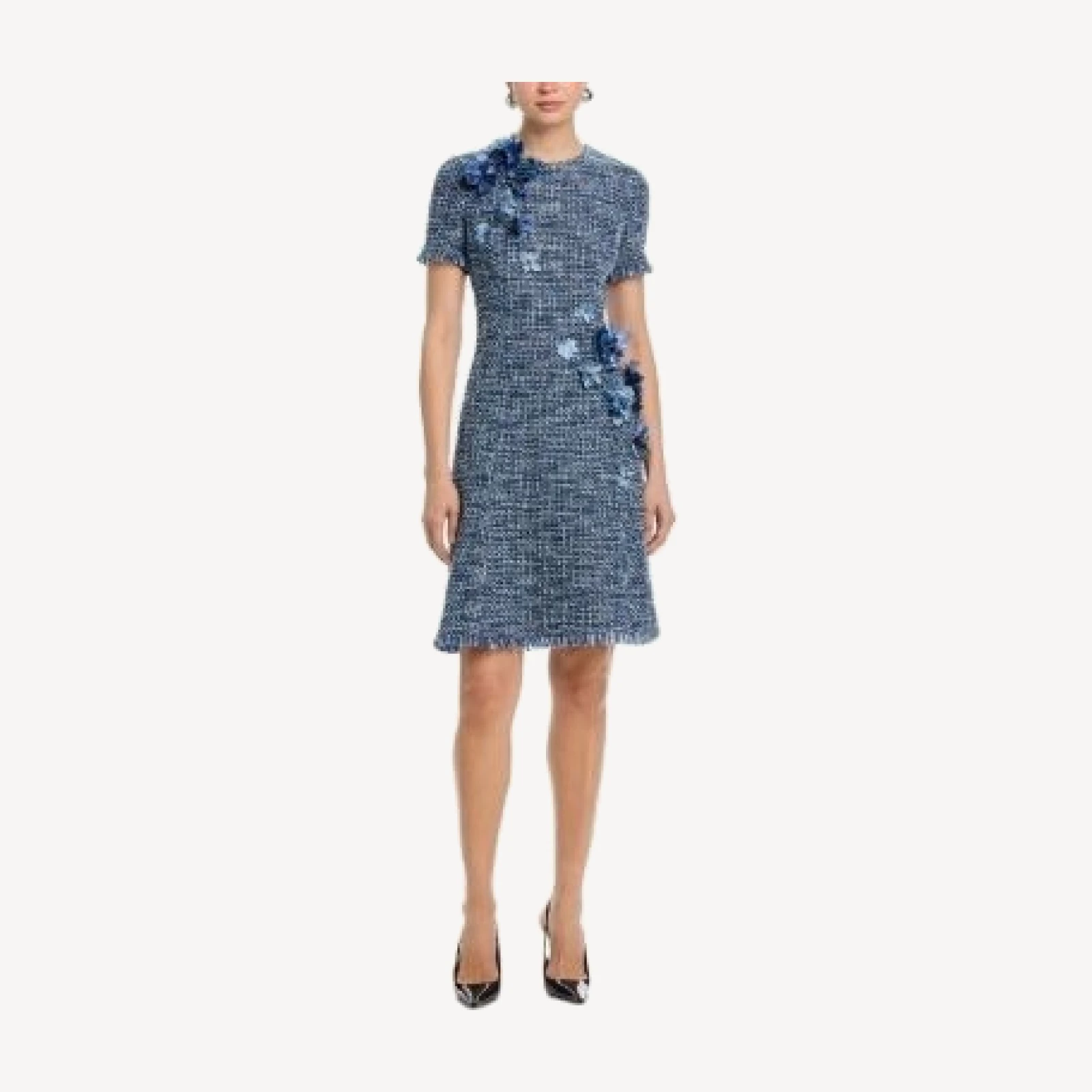 Teri Jon by Rickie Freeman Tweed Short Sleeve 3D Flower Trim Dress