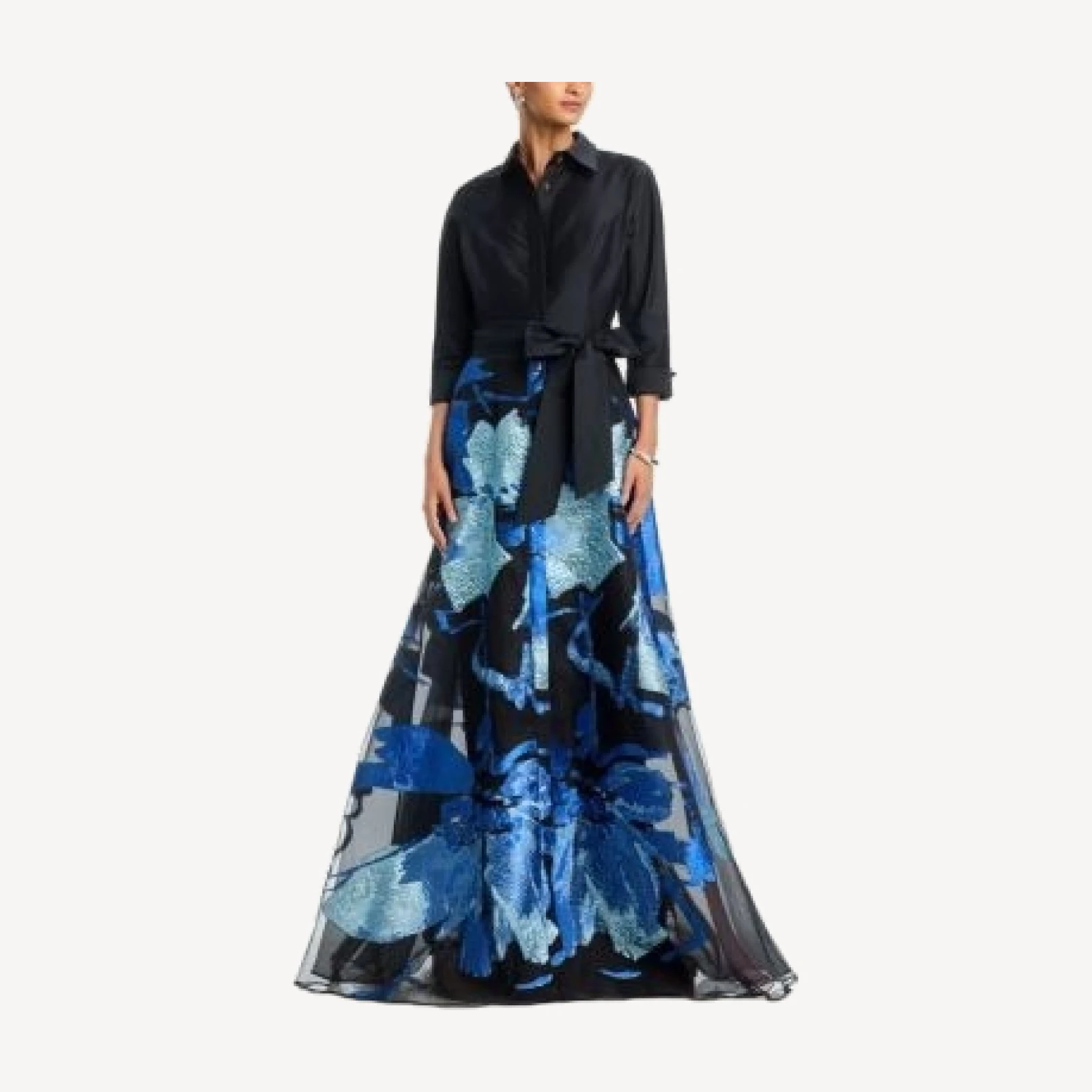 Teri Jon by Rickie Freeman Taffeta Shirtwaist Metallic Organza Skirt Gown