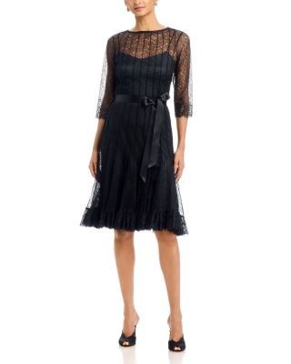 Teri Jon by Rickie Freeman Lace Pintuck Ruffle Hem Dress