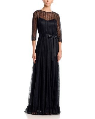 Teri Jon by Rickie Freeman Lace Pintuck Ruffle Hem Gown,