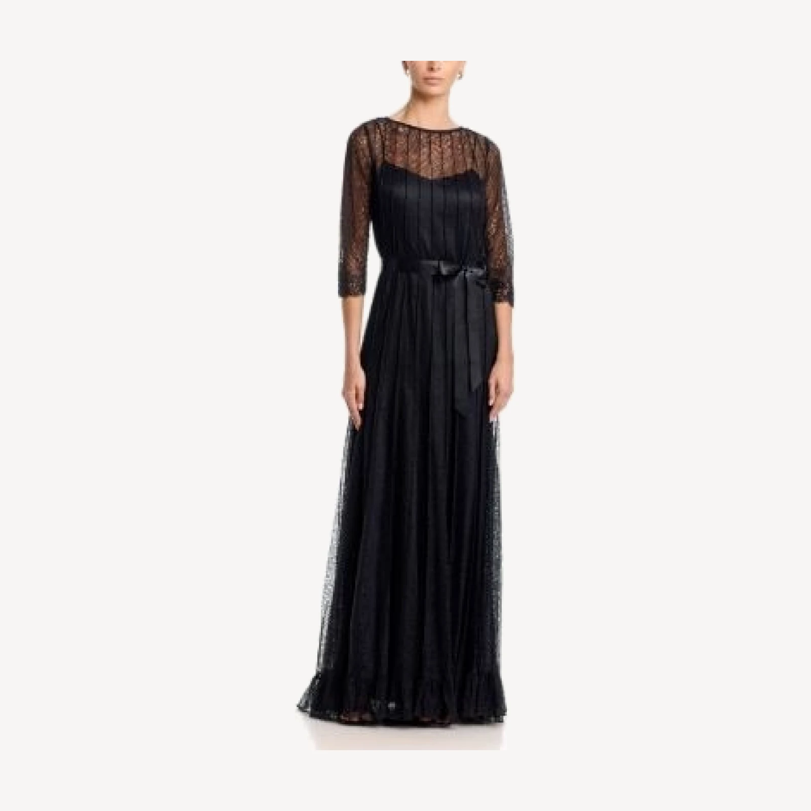 Teri Jon by Rickie Freeman Lace Pintuck Ruffle Hem Gown,
