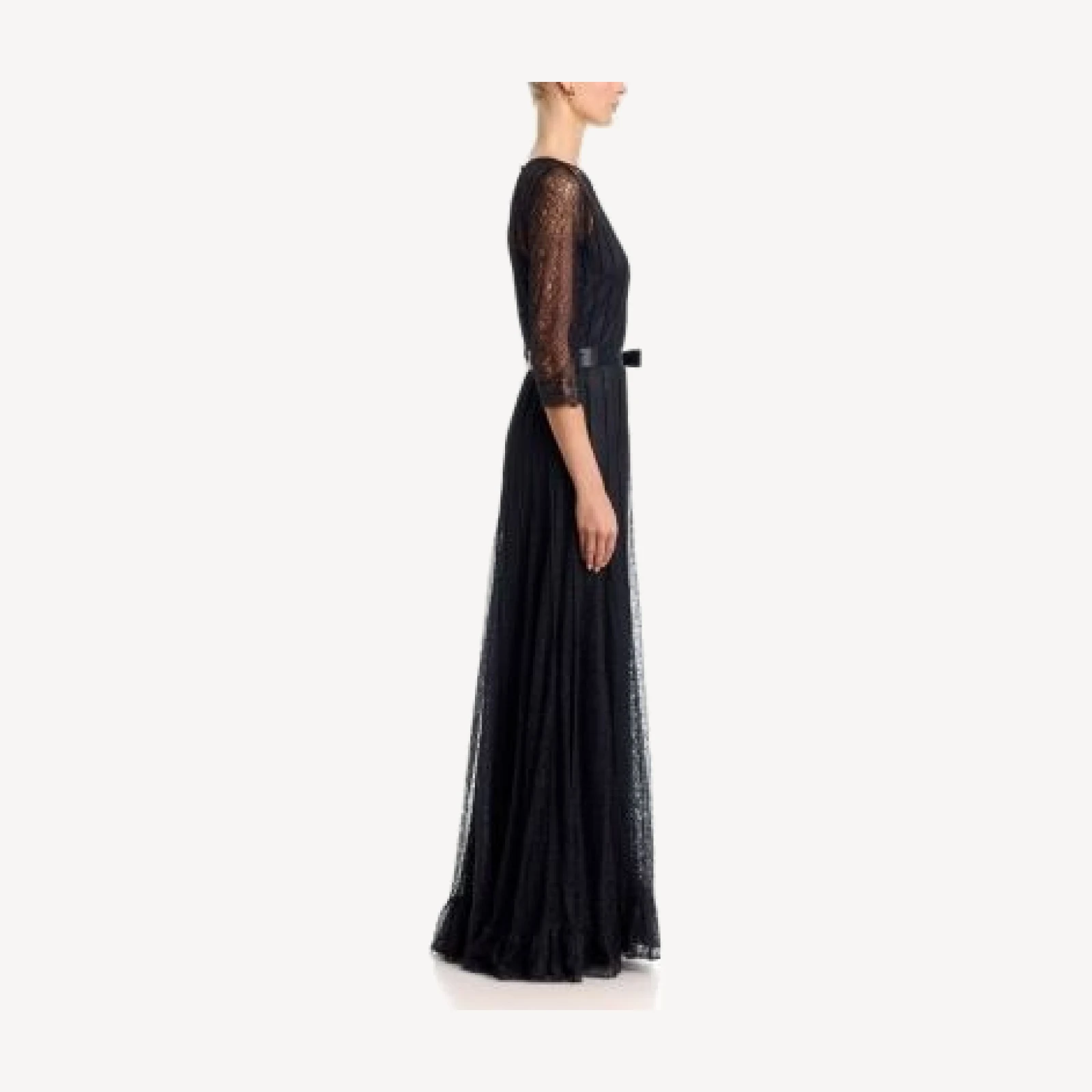 Teri Jon by Rickie Freeman Lace Pintuck Ruffle Hem Gown,