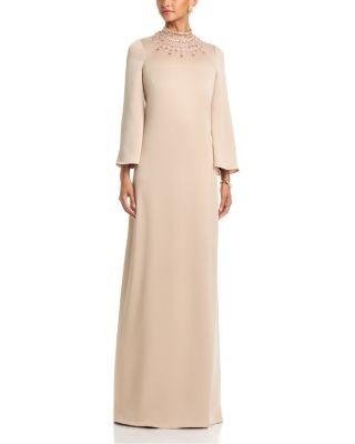 Teri Jon by Rickie Freeman Repe Back Satin Bead Collare Flare Sleeve Gown