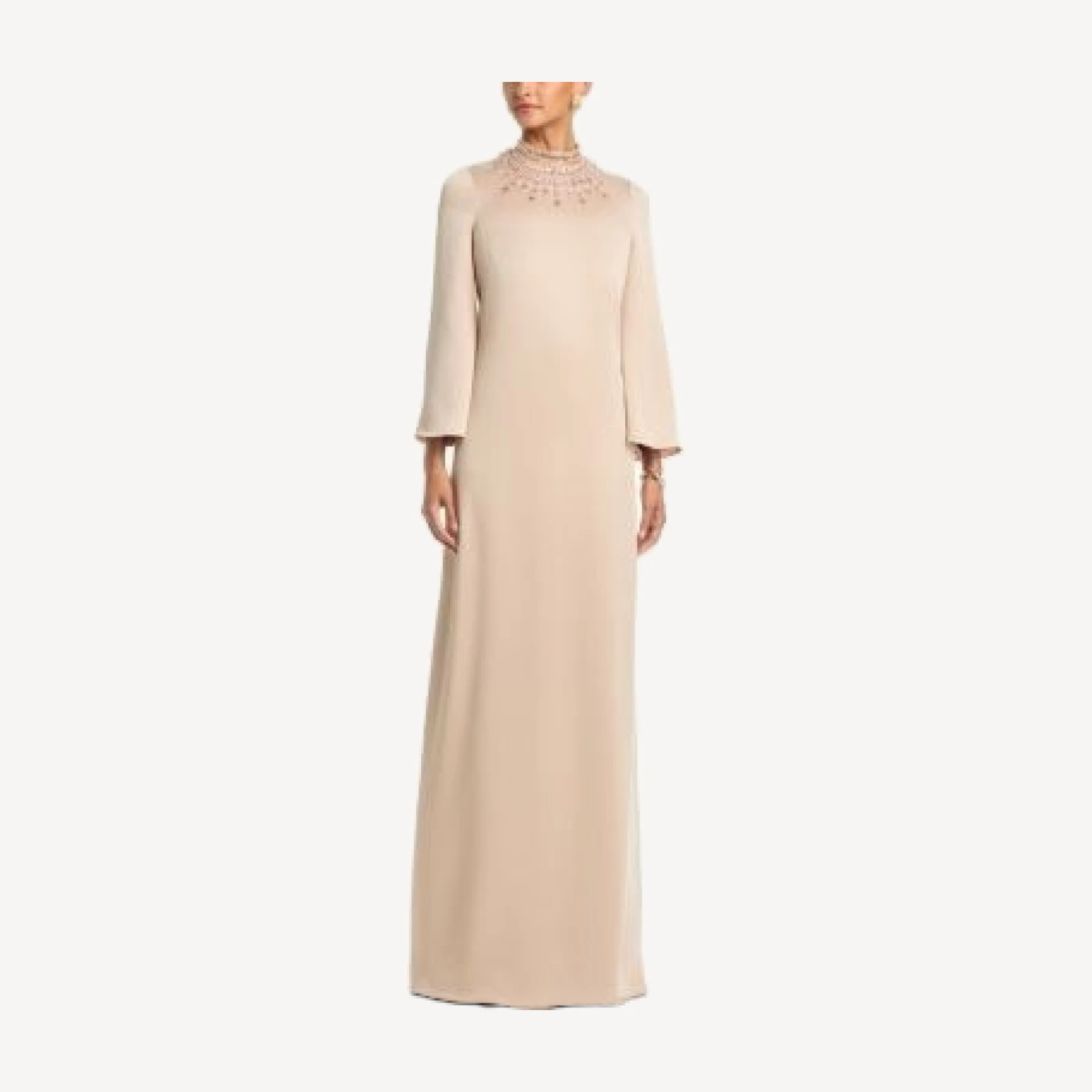Teri Jon by Rickie Freeman Repe Back Satin Bead Collare Flare Sleeve Gown