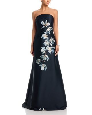 Teri Jon by Rickie Freeman Mikado Strapless Bed Floral Motif Gown