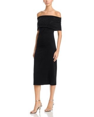 Teri Jon by Rickie Freeman Jet Bead Knit Off-the-Shoulder Dress