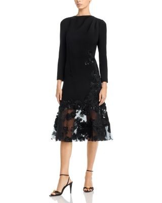 Teri Jon by Rickie Freeman Crepe Long Sleeve Embellished Hem Dress