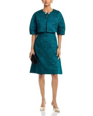 Teri Jon by Rickie Freeman Jacquard Embossed Bolero with Rhinestone Buttons