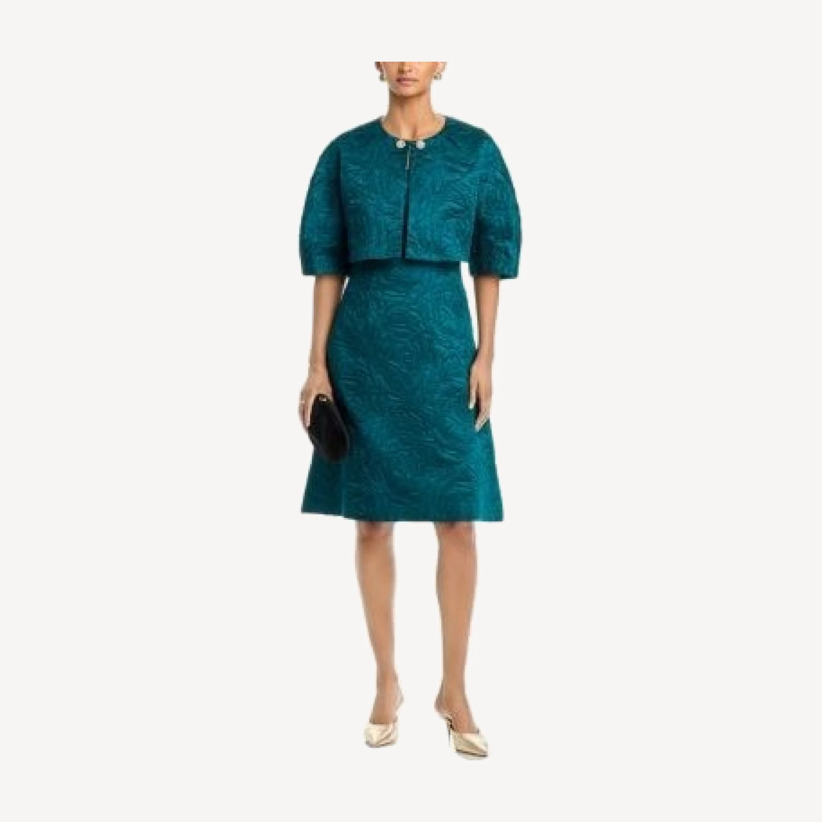Teri Jon by Rickie Freeman Jacquard Embossed Bolero with Rhinestone Buttons