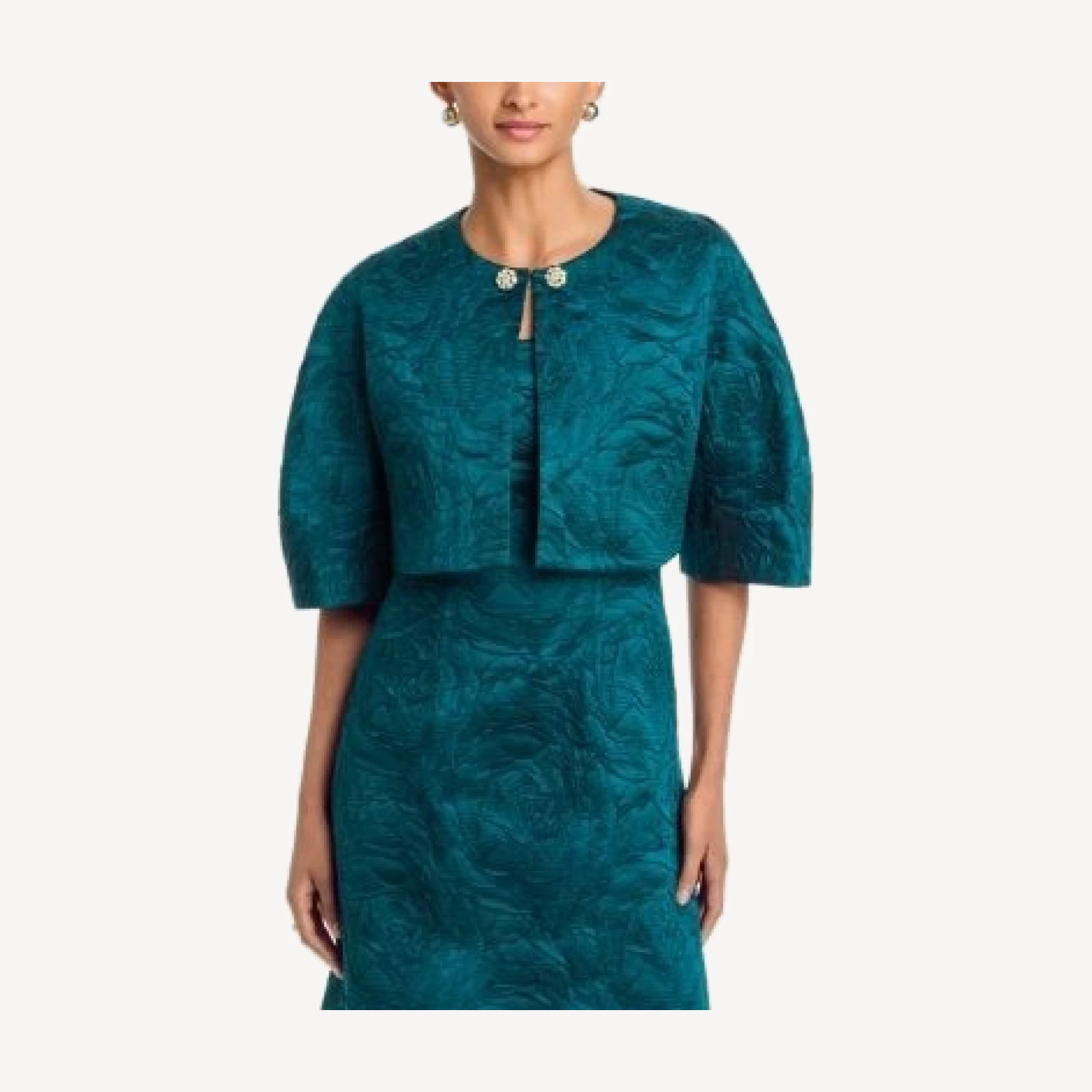 Teri Jon by Rickie Freeman Jacquard Embossed Bolero with Rhinestone Buttons