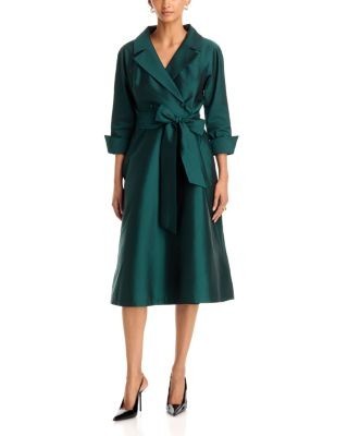 Teri Jon by Rickie Freeman Taffeta Knotch Collar Belted Shirt Dress