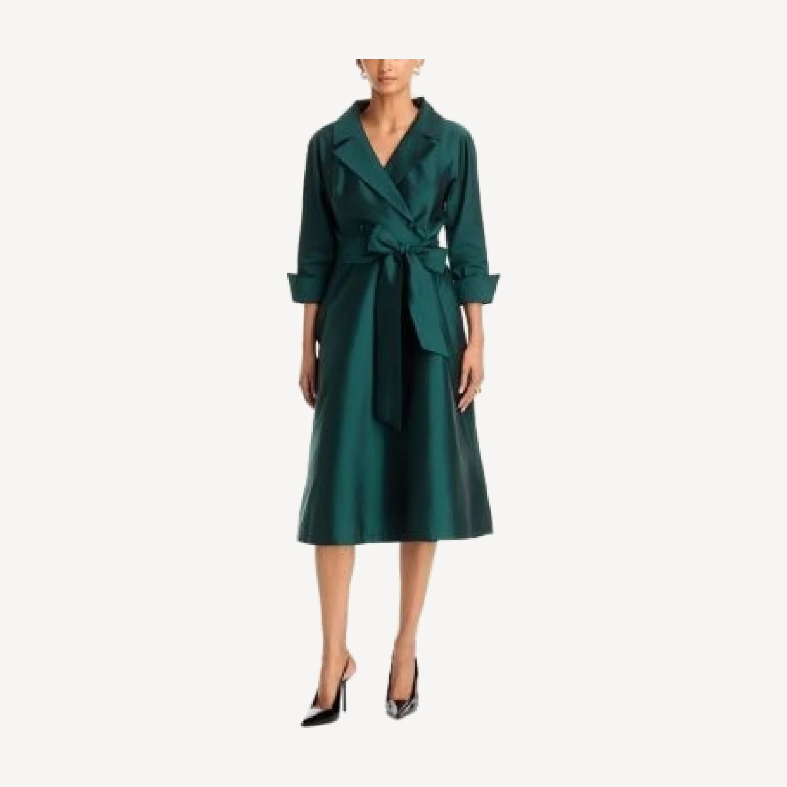 Teri Jon by Rickie Freeman Taffeta Knotch Collar Belted Shirt Dress