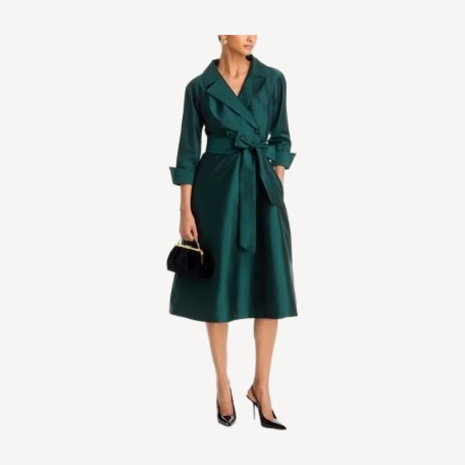 Teri Jon by Rickie Freeman Taffeta Knotch Collar Belted Shirt Dress