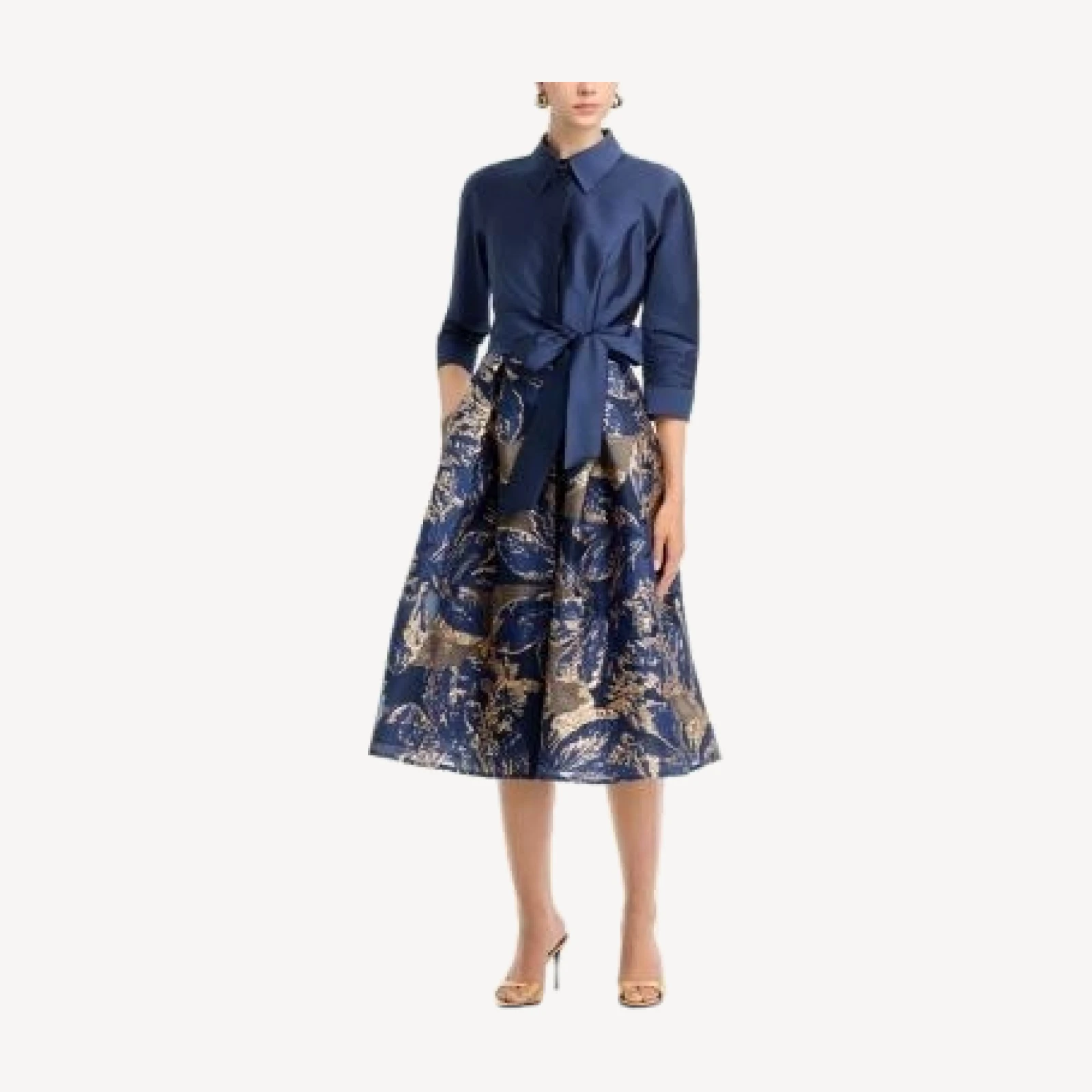 Teri Jon by Rickie Freeman Taffeta Jacquard Metallic Floral Shirt Waist Dress