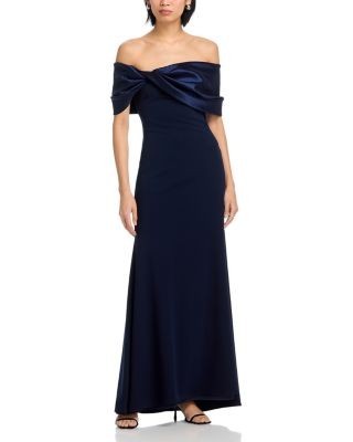 Aqua Long Scuba Crepe Off-the-Shoulder Taffeta Gown - Exclusive