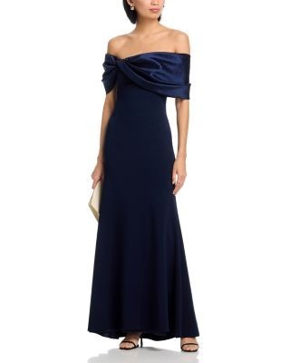Aqua Long Scuba Crepe Off-the-Shoulder Taffeta Gown - Exclusive