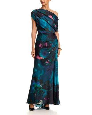 Aqua One Shoulder Satin Column Gown - Exclusive