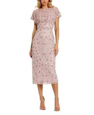 Mac Duggal Cap Sleeve Column Midi Dress With Floral Beading