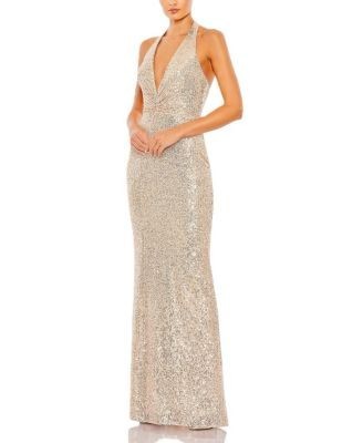 Mac Duggal Sequin Halter Strap Plunge Neck Gown