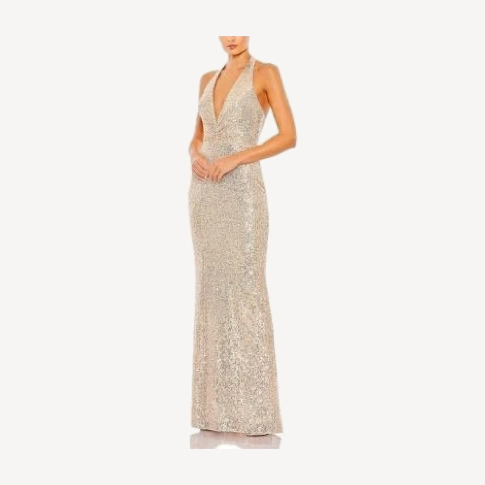 Mac Duggal Sequin Halter Strap Plunge Neck Gown