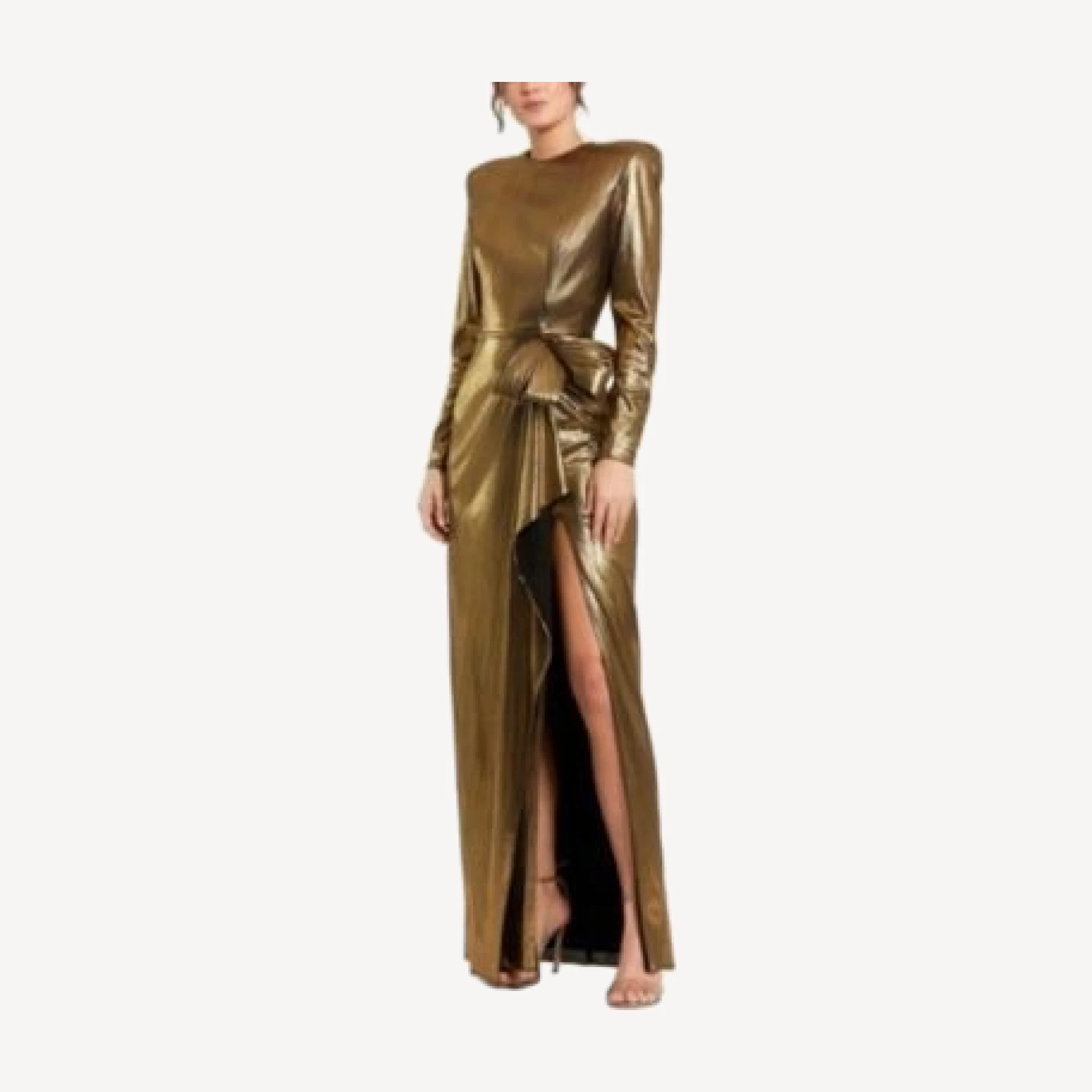 Mac Duggal Metallic Jersey Long Sleeve Bow Detail Thigh High Slit Gown