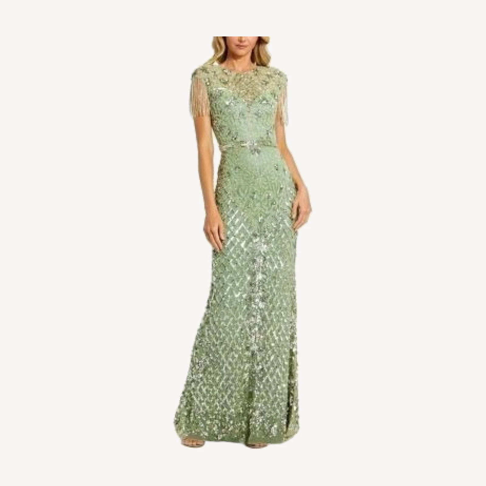 Mac Duggal High Neck Sleeveless Beaded Fringe Fitted Gown