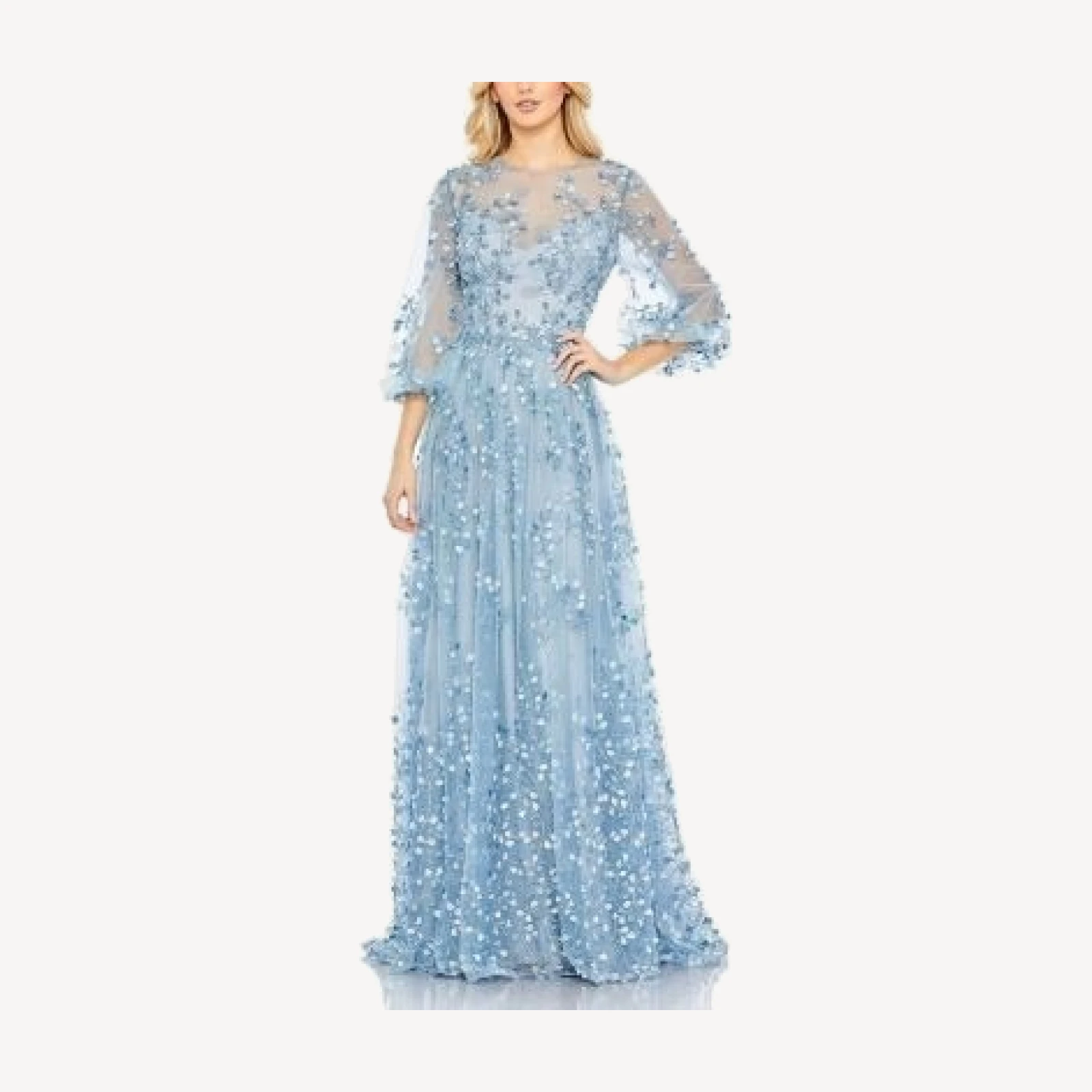 Mac Duggal Embroidered Puff Sleeve A-Line Gown