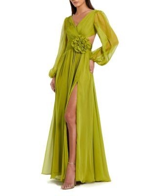 Mac Duggal Long Sleeve V Neck Chiffon Gown with 3D Flower