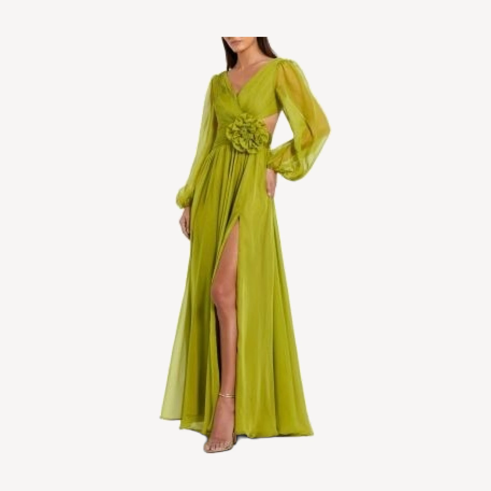 Mac Duggal Long Sleeve V Neck Chiffon Gown with 3D Flower