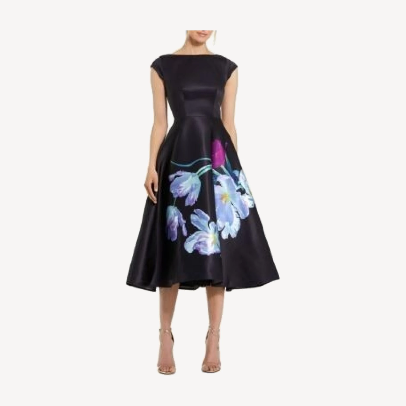 Mac Duggal Satin Cap Sleeve Midi Dress With Floral Print