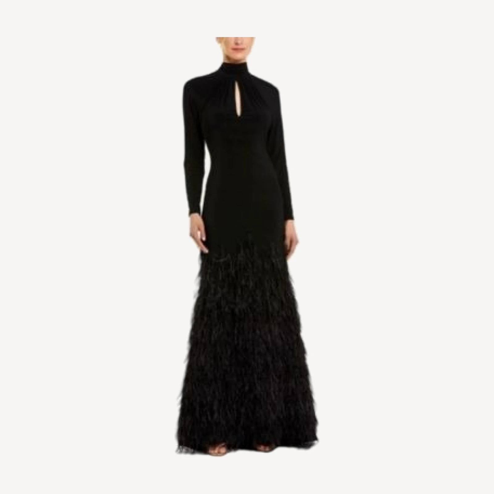 Mac Duggal Jersey Long Sleeve High Neck Keyhole Cutout Feather Detail Gown