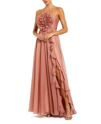 Mac Duggal Strapless Chiffon Gown With Oversized 3D Flower