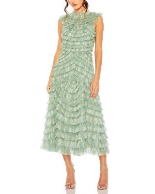 Mac Duggal Floral Ruffle Tiered Mesh Mock Neck Sleeveless Dress