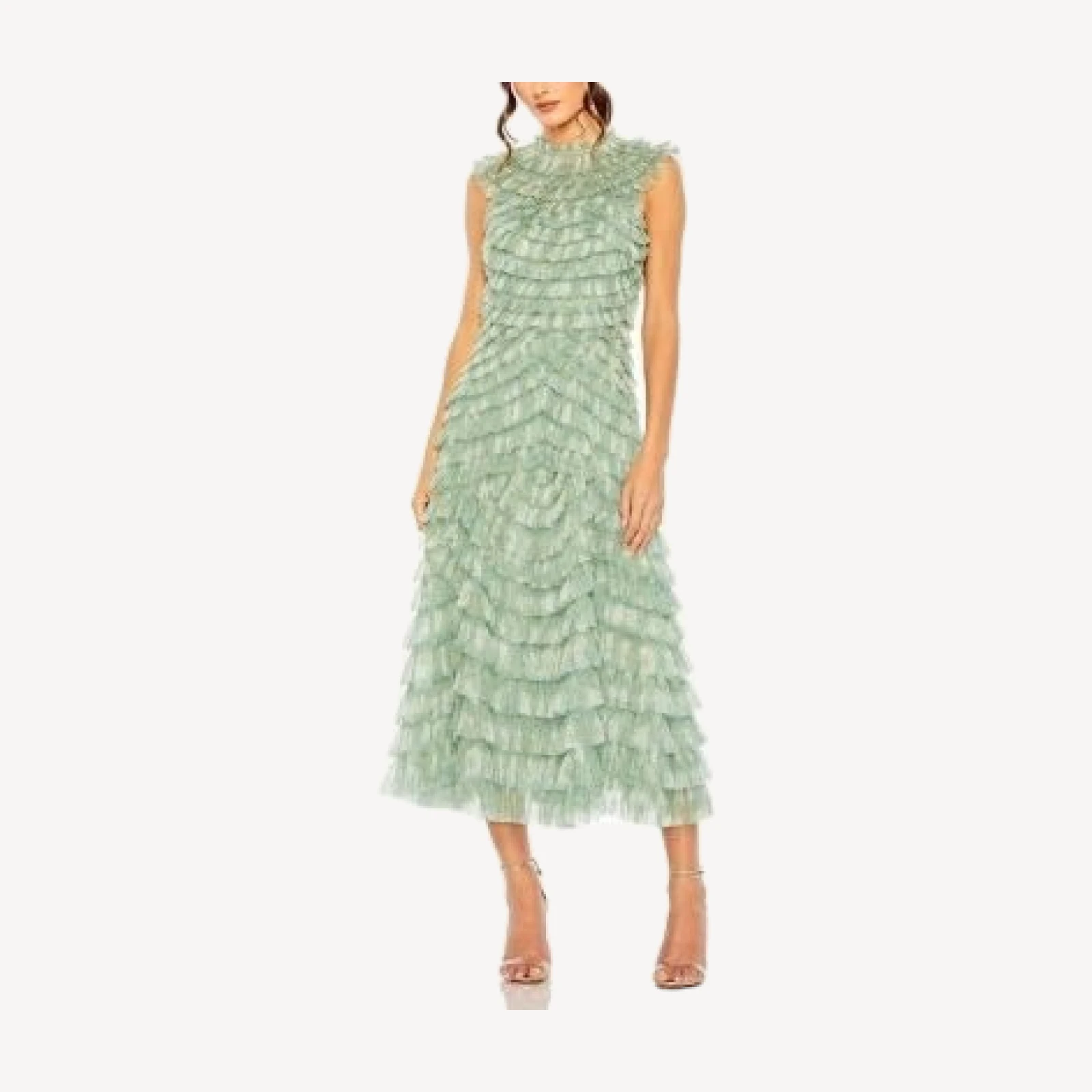 Mac Duggal Floral Ruffle Tiered Mesh Mock Neck Sleeveless Dress