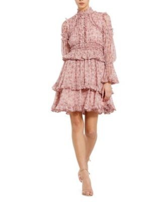 Mac Duggal Long Sleeve Open Front High Neck Ruffle Mini Dress