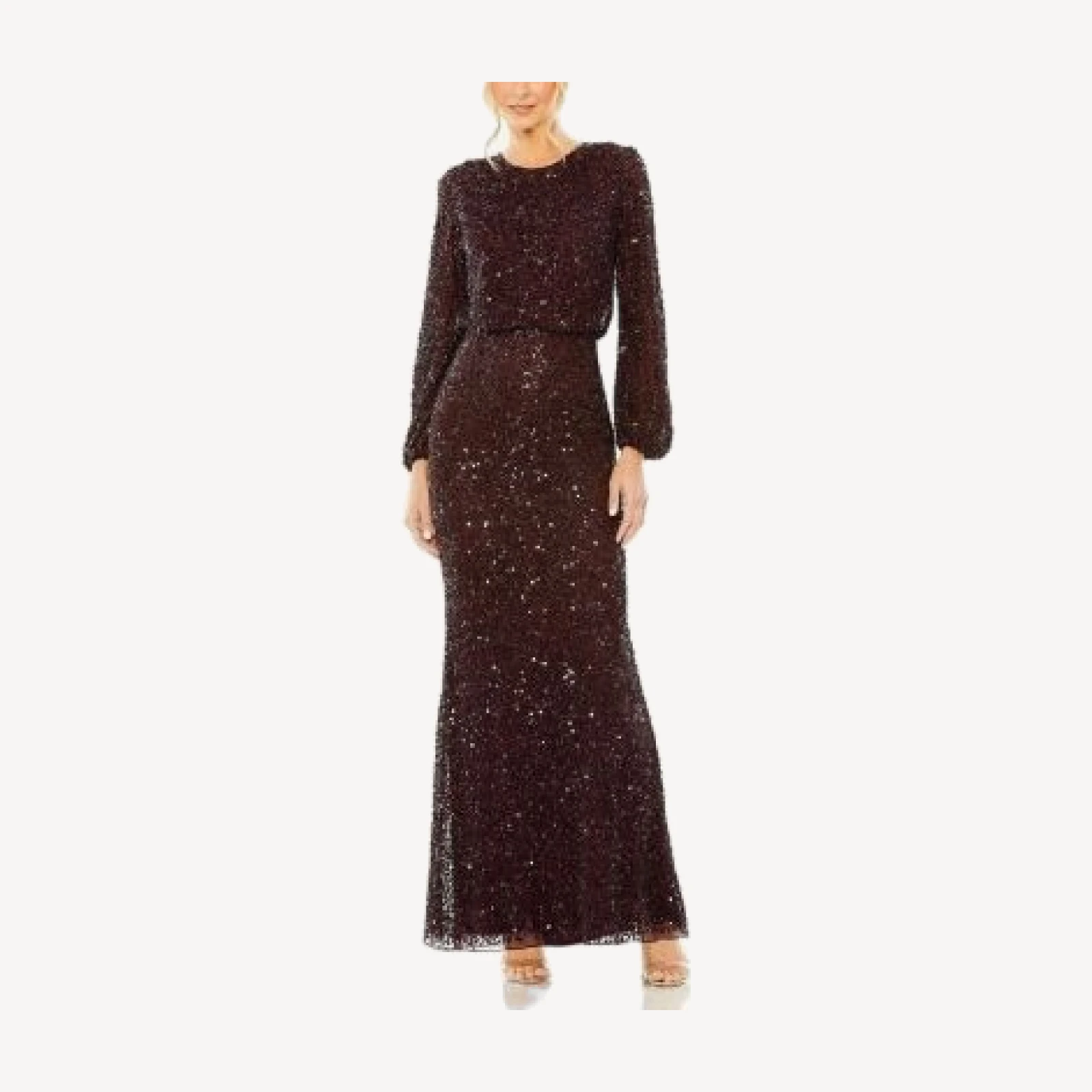 Mac Duggal High Neck Long Sleeve Beaded Blouson Gown