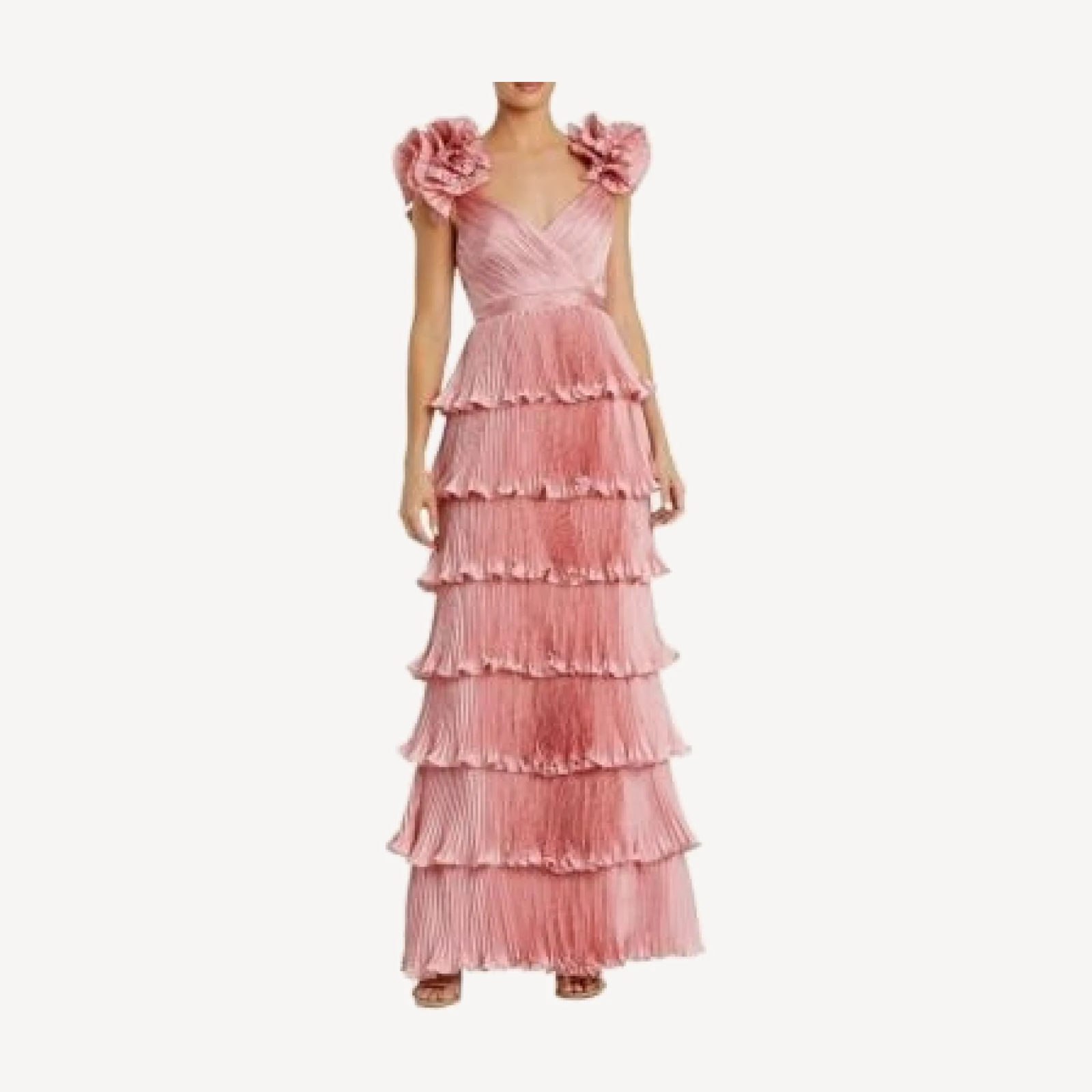 Mac Duggal Pleated Charmeuse Tiered Gown with Ruffle Straps