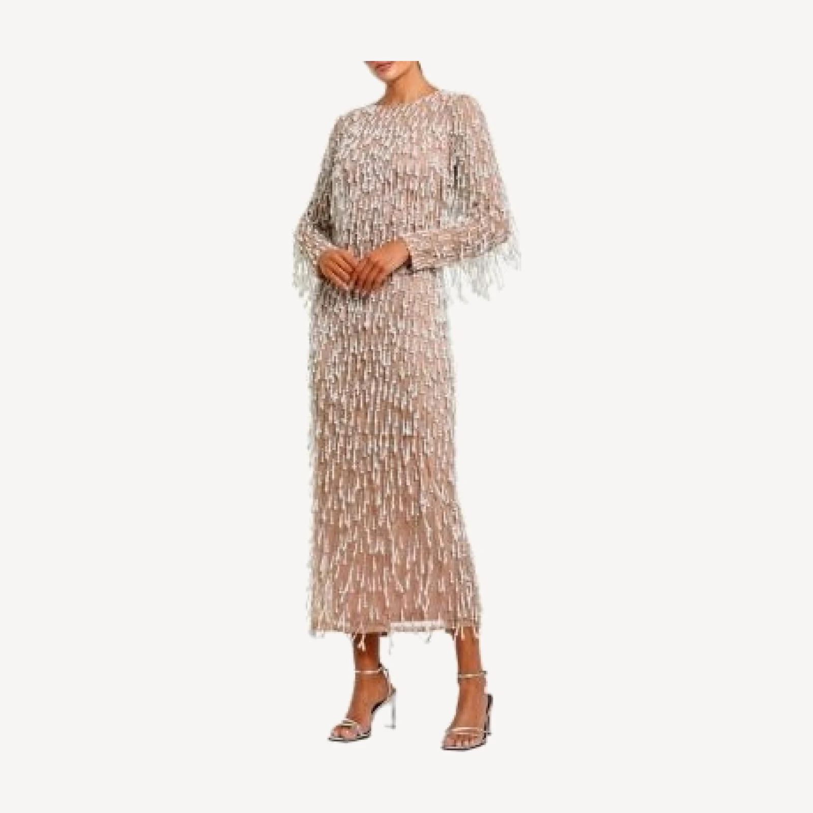 Mac Duggal Long Sleeve Midi Dress with Embellished Fringe