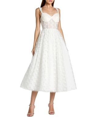 Mac Duggal Polka Dot Net Bustier A-Line Midi Dress