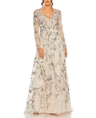 Mac Duggal V Neck Long Sleeve Embroidered Gown