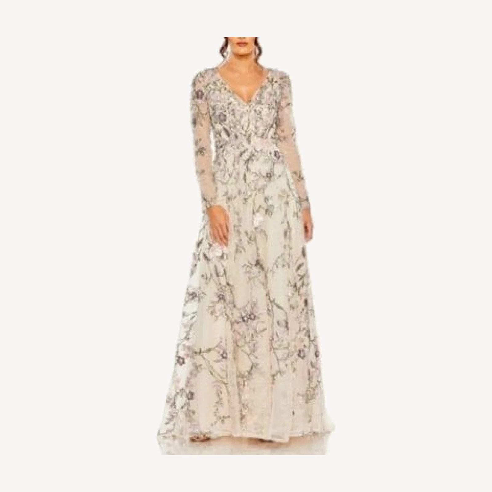 Mac Duggal V Neck Long Sleeve Embroidered Gown