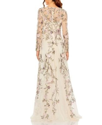 Mac Duggal V Neck Long Sleeve Embroidered Gown