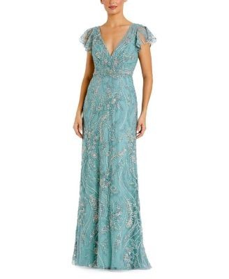 Mac Duggal V-Neck Flutter Sleeve Floral Embroidered Gown